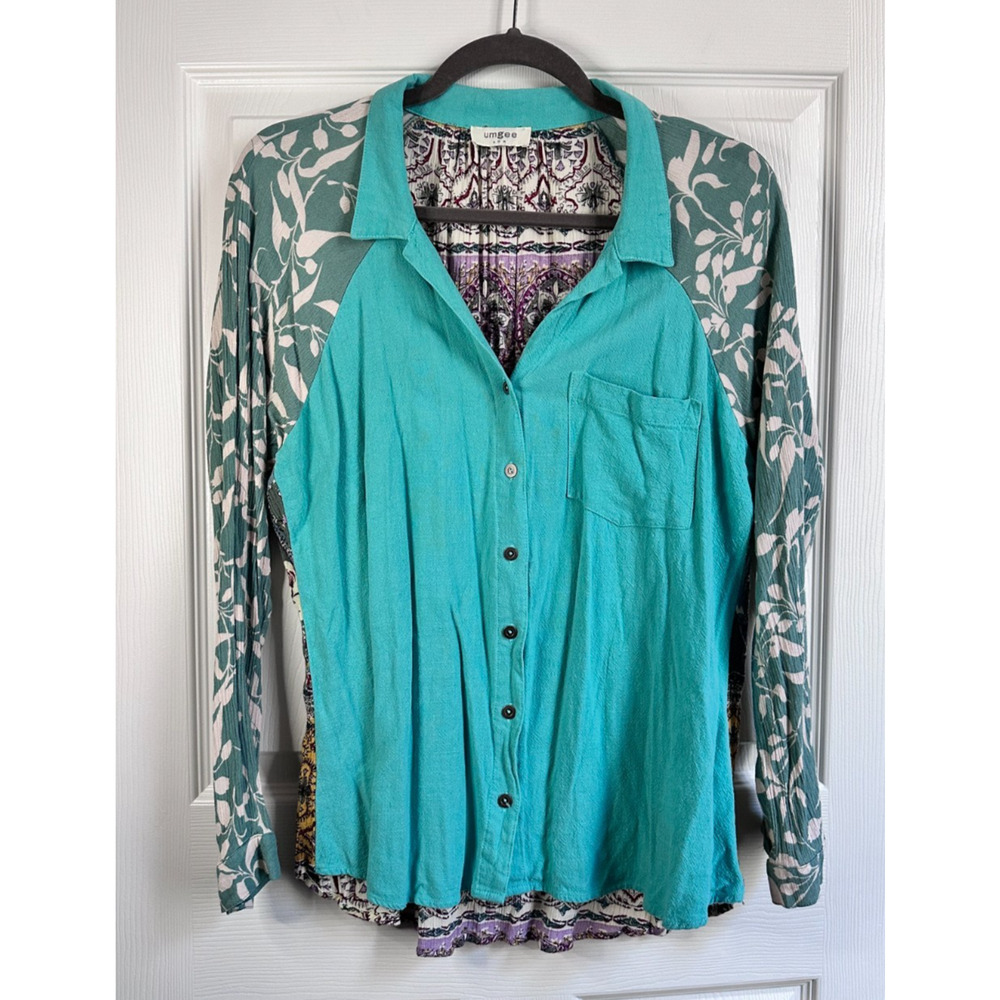 Umgee Womens Large Boho Linen Cotton Turquoise Mixed Print Button Up Blouse